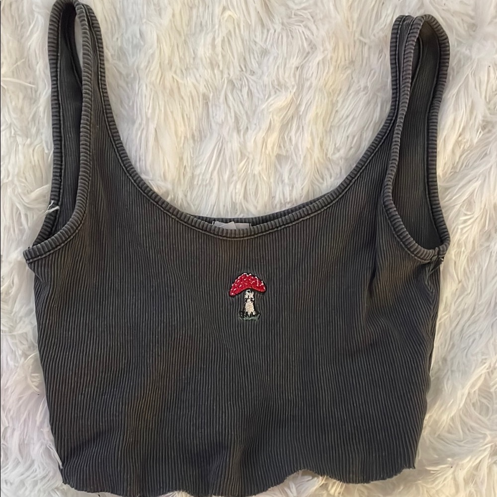 Gray Ribbed Crop Top with Red Mushroom Embroidery